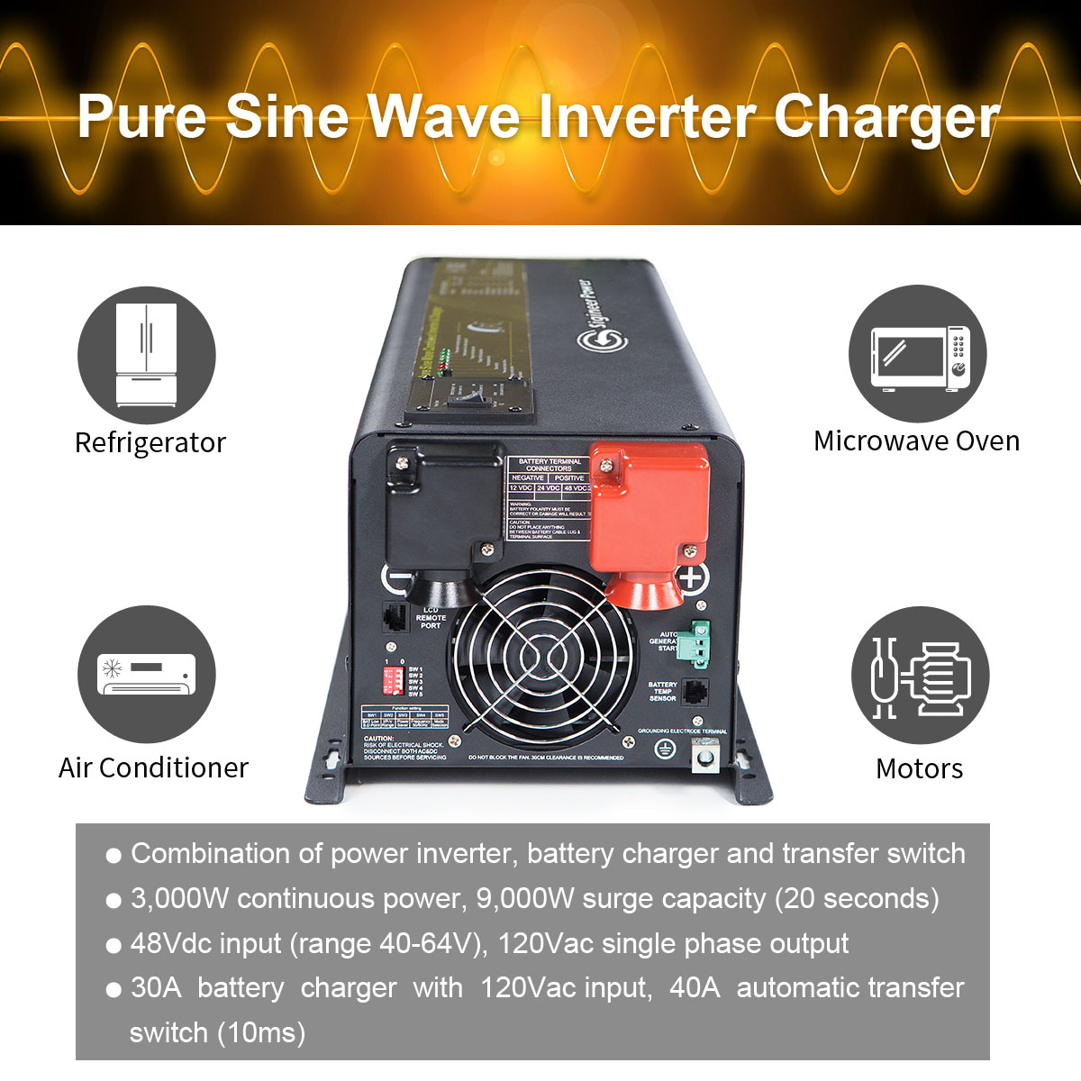 Inverter Charger 3000 Watts 48 Volt to 110V 120Vac Pure Sine Wave
